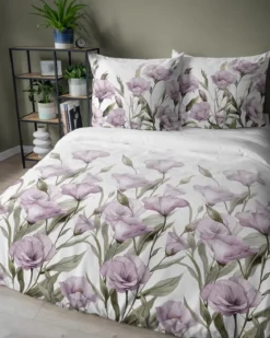 Komplet pościeli z satyny bawełnianej 220x200 w fioletowe kwiaty eustomy Home Satin
