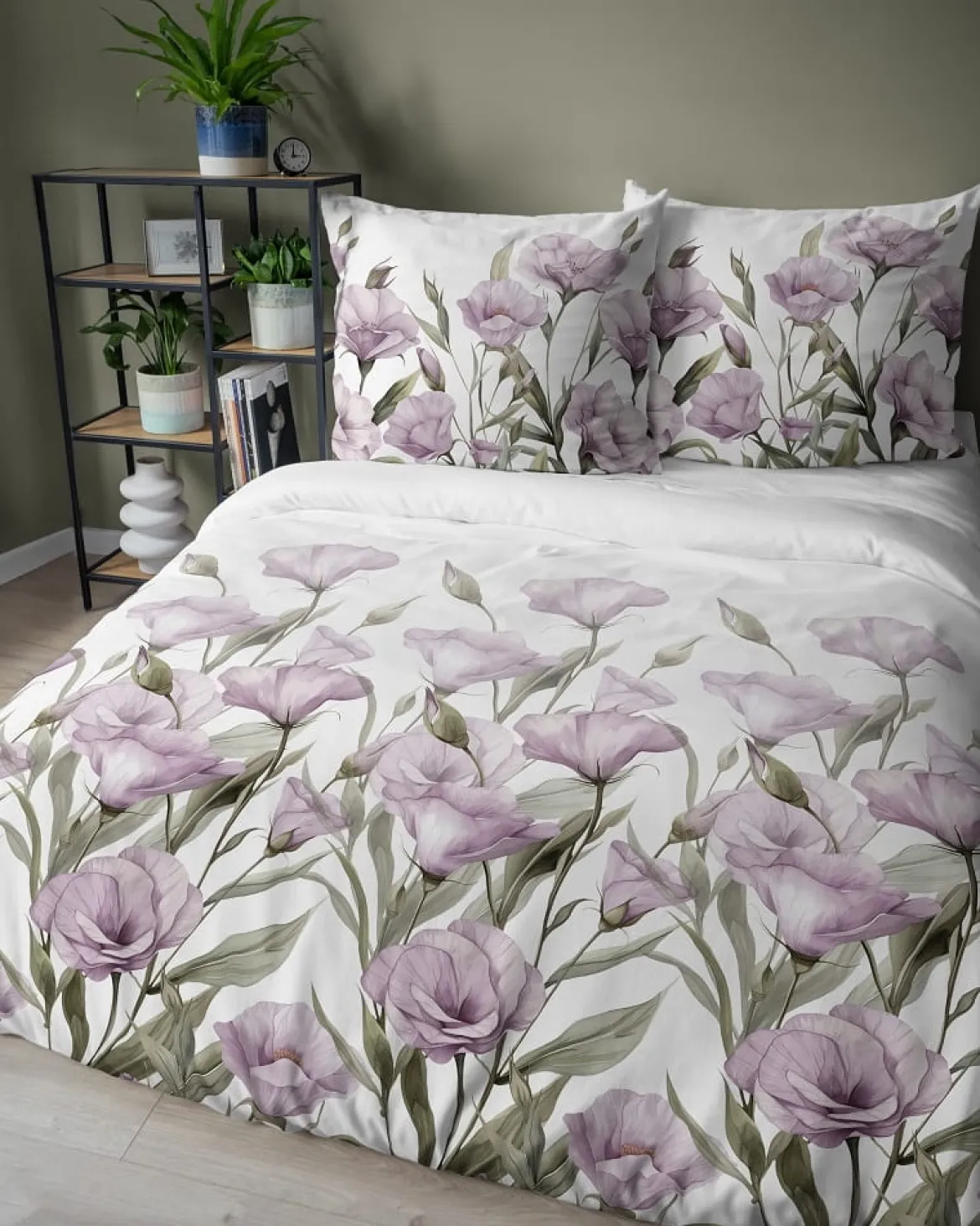 Komplet pościeli z satyny bawełnianej 220x200 w fioletowe kwiaty eustomy Home Satin