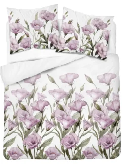 Komplet pościeli z satyny bawełnianej 220x200 w fioletowe kwiaty eustomy Home Satin