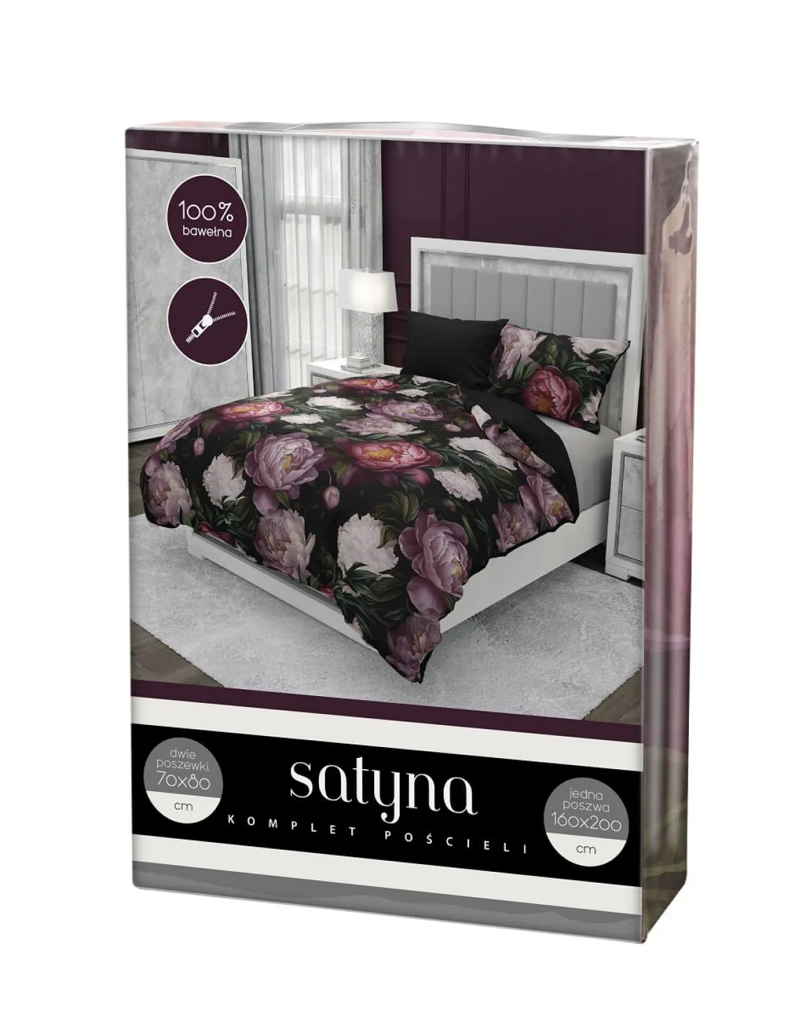Pościel bawełna satynowa czarna 160x200 w piwonie