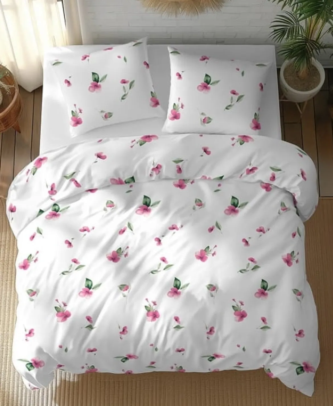Pościel bawełniana biała 100% 220x200 w drobne różowe kwiatuszki