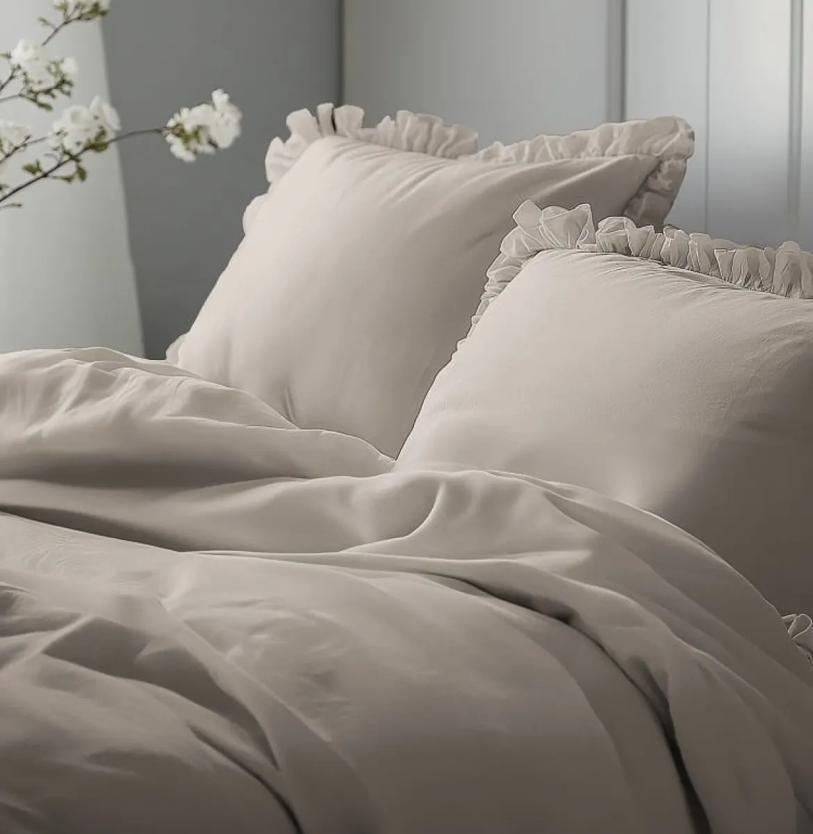 Pościel bawełniana Boho 220x200 Taupe z falbaną