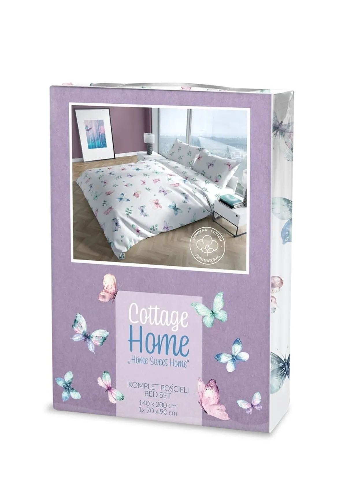Pościel bawełniana Cottage biała 140x200 w kolorowe motyle