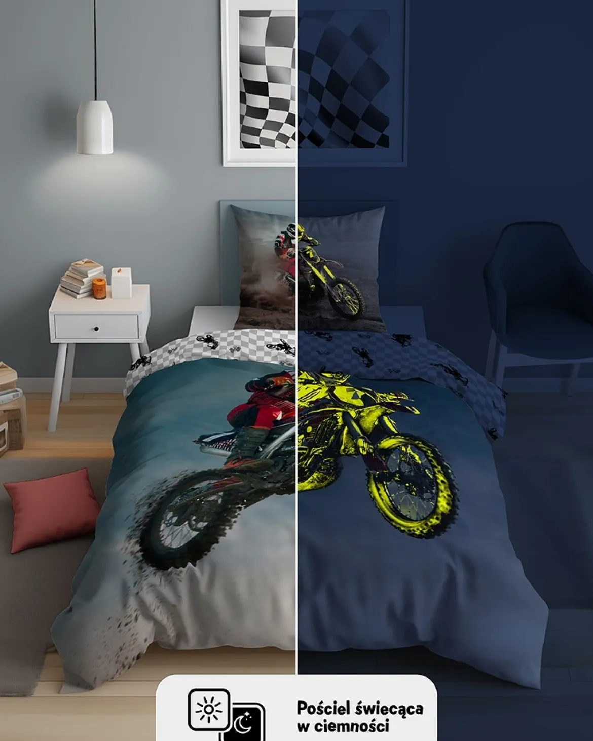 Pościel bawełniana młodzieżowa świecąca 160x200 Motocross