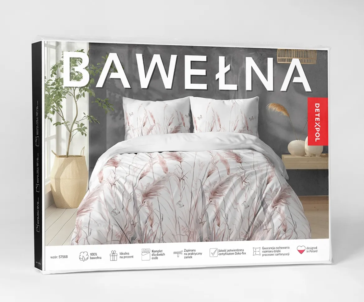 Pościel bawełniana 100% 220x200 motyw pudrowo różowych traw i kłosów