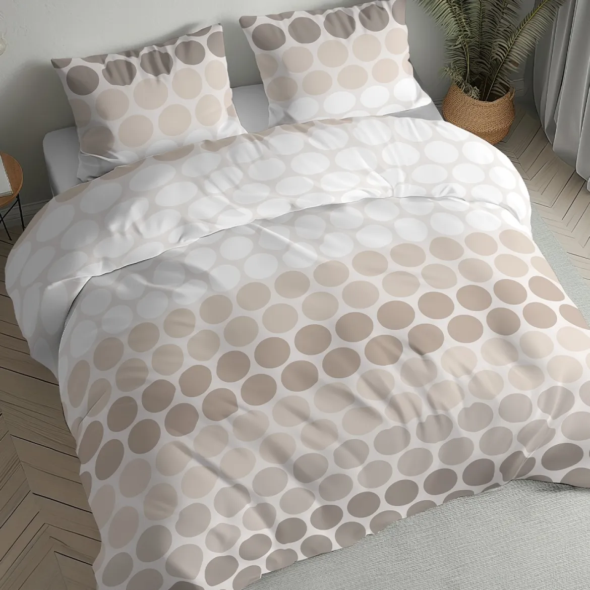 Pościel flanelowa beżowa 220x200 w duże koła