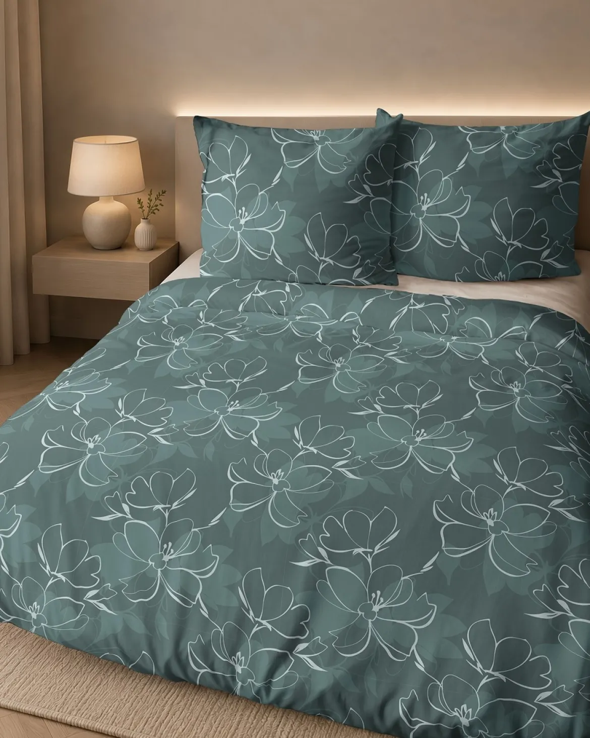 Pościel flanelowa butelkowa zieleń 220x200 kwiaty