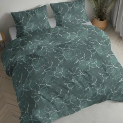 Pościel flanelowa butelkowa zieleń 220x200 kwiaty
