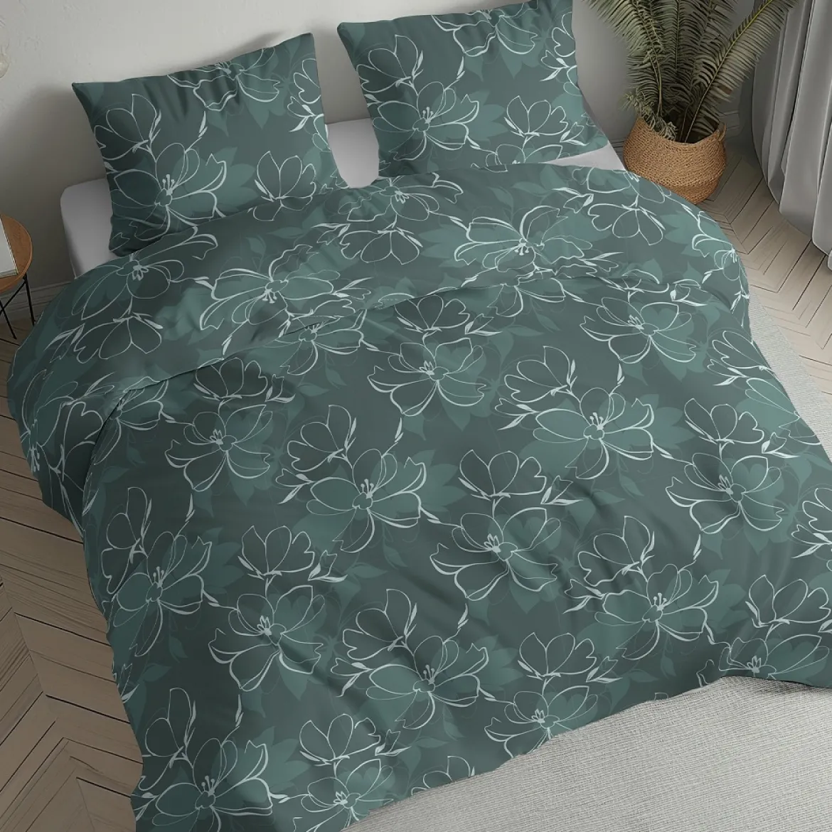 Pościel flanelowa butelkowa zieleń 160x200 kwiaty