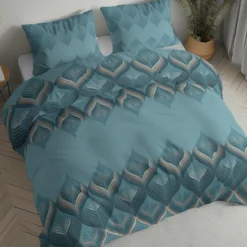 Pościel flanelowa turkusowa 160x200 w geometryczne liście