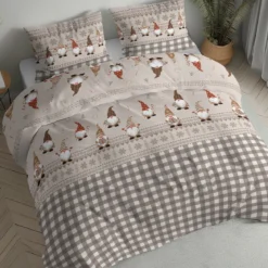 Pościel flanelowa świąteczna beżowa 220x200 świąteczne skrzaty