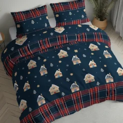 Pościel flanelowa świąteczna granatowa 220x200 piernikowe domki