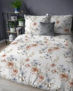 Pościel flanelowa 220x200 w pomarańczowe i błękitne kwiaty
