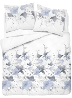 Pościel satyna bawełniana biała Home Satin 220x200 w błękitno popielate kwiaty