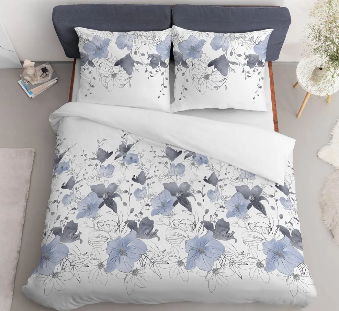 Pościel satyna bawełniana biała Home Satin 220x200 w błękitno popielate kwiaty