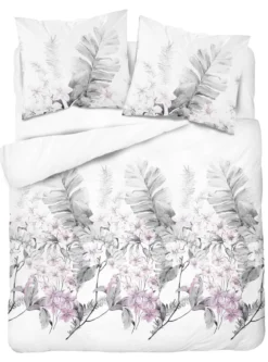 Pościel satyna bawełniana Home Satin biała 220x200 w popielate liście, różowe kwiaty