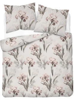 Pościel satyna bawełniana jasno kremowa 220x200 w beżowo różowe irysy Home Satin