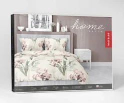 Pościel satyna bawełniana kremowa 220x200 w różowe irysy Home Satin