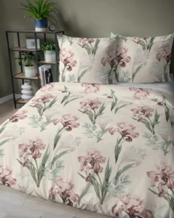 Pościel satyna bawełniana kremowa 160x200 w różowe irysy Home Satin