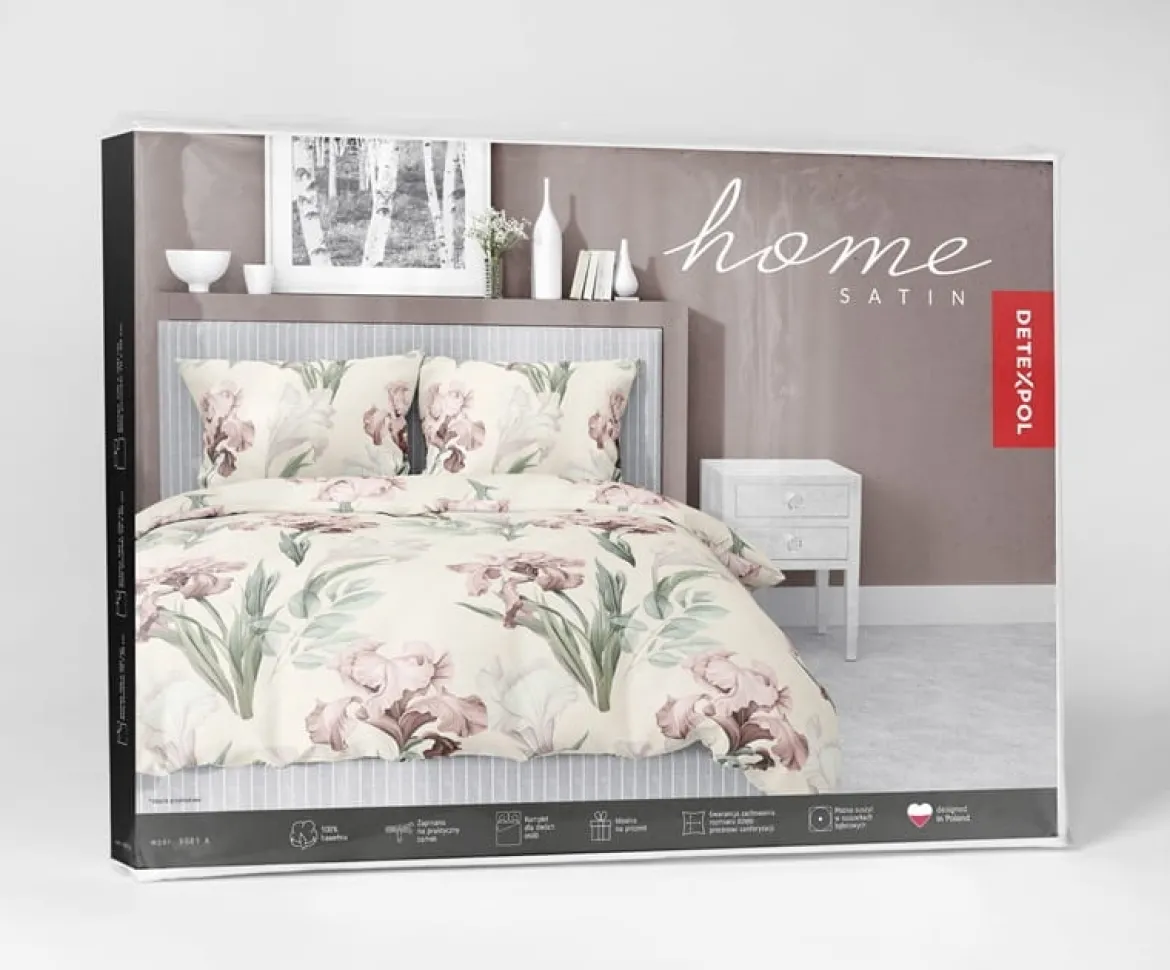 Pościel satyna bawełniana kremowa 160x200 w różowe irysy Home Satin
