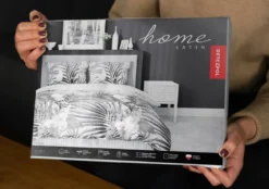Pościel satyna bawełniana popielata w stalowe liście Home Satin 220x200 z papugą