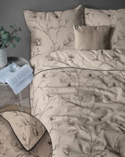 Pościel z perkalu ciemno beżowa 220x200 Kwiaty Lame Percale