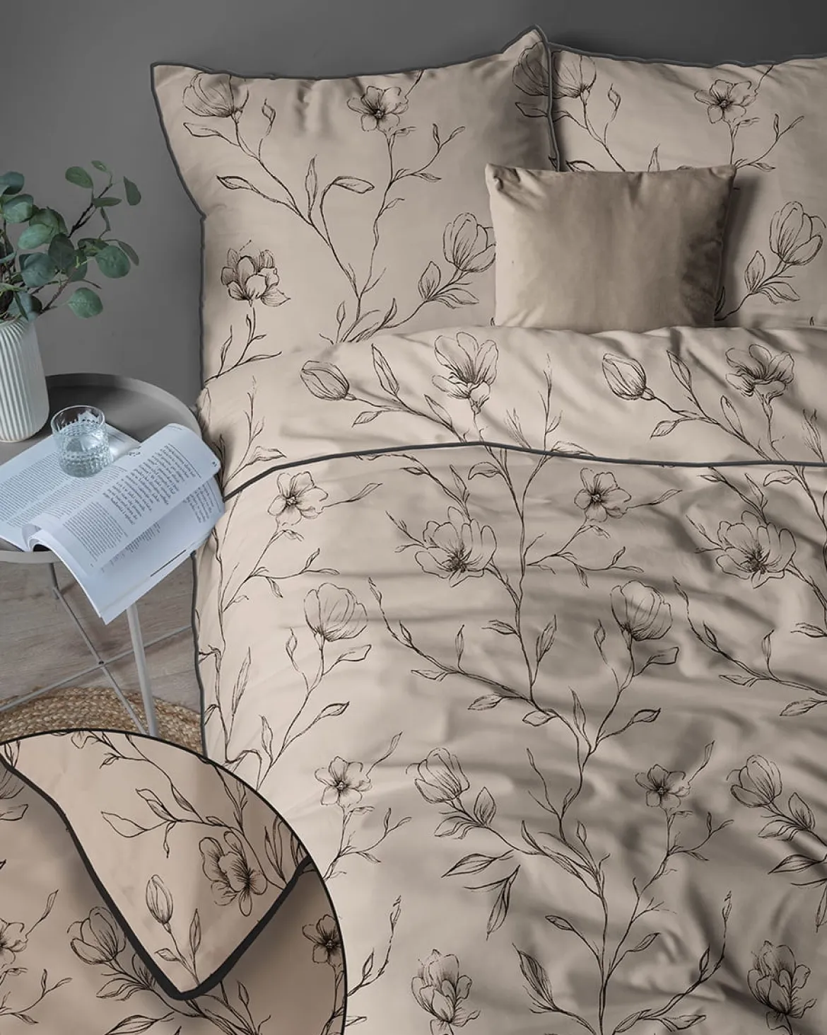 Pościel z perkalu ciemno beżowa 220x200 Kwiaty Lame Percale