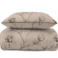 Pościel z perkalu ciemno beżowa 220x200 Kwiaty Lame Percale