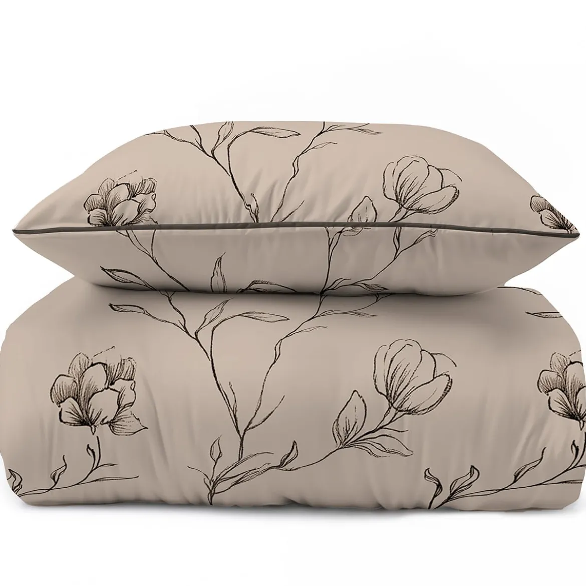 Pościel z perkalu ciemno beżowa 220x200 Kwiaty Lame Percale