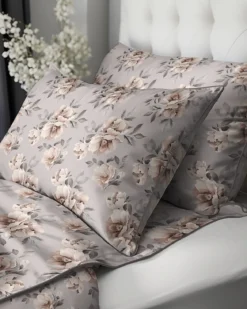 Pościel z perkalu popielata 220x200 Beżowe Kwiaty Peonii Lame Percale