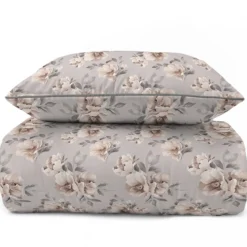 Pościel z perkalu popielata 220x200 Beżowe Kwiaty Peonii Lame Percale