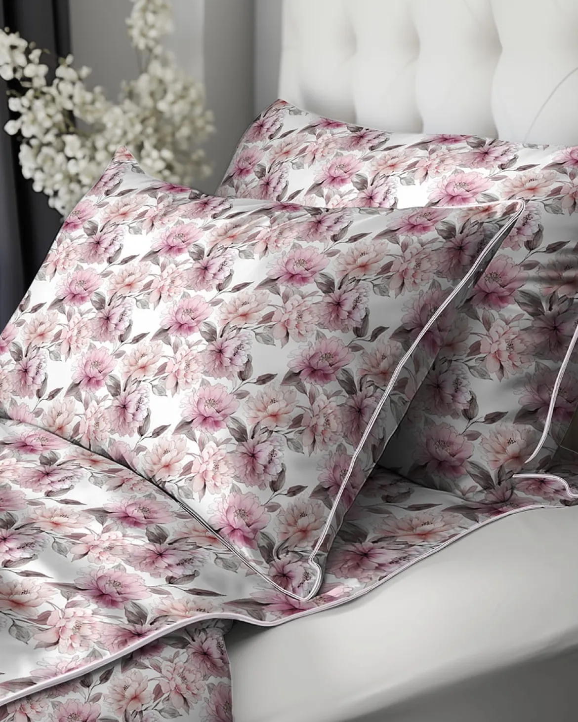 Pościel z perkalu 220x200 Różowe Kwiaty Piwonii Lame Percale