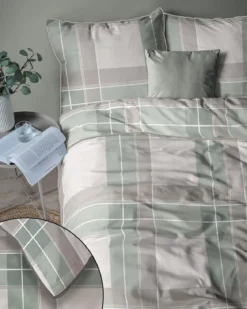 Pościel z perkalu 160x200 Szaro Zielono Beżowa Krata Lame Percale