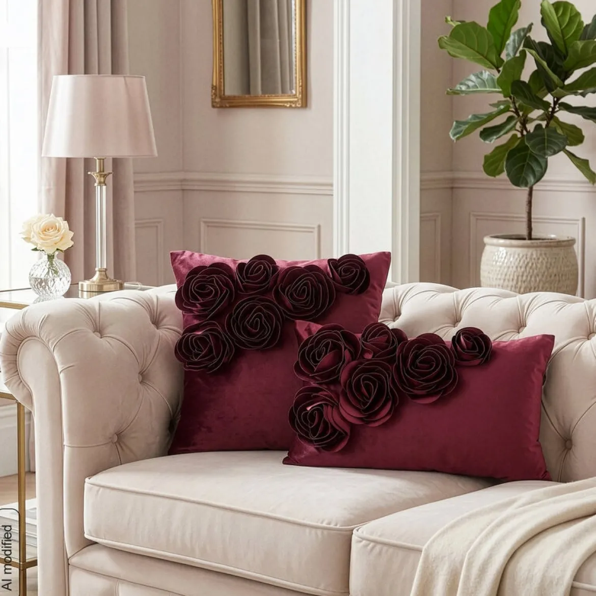 Poszewka velvetowa burgundowa 45x45 Róże