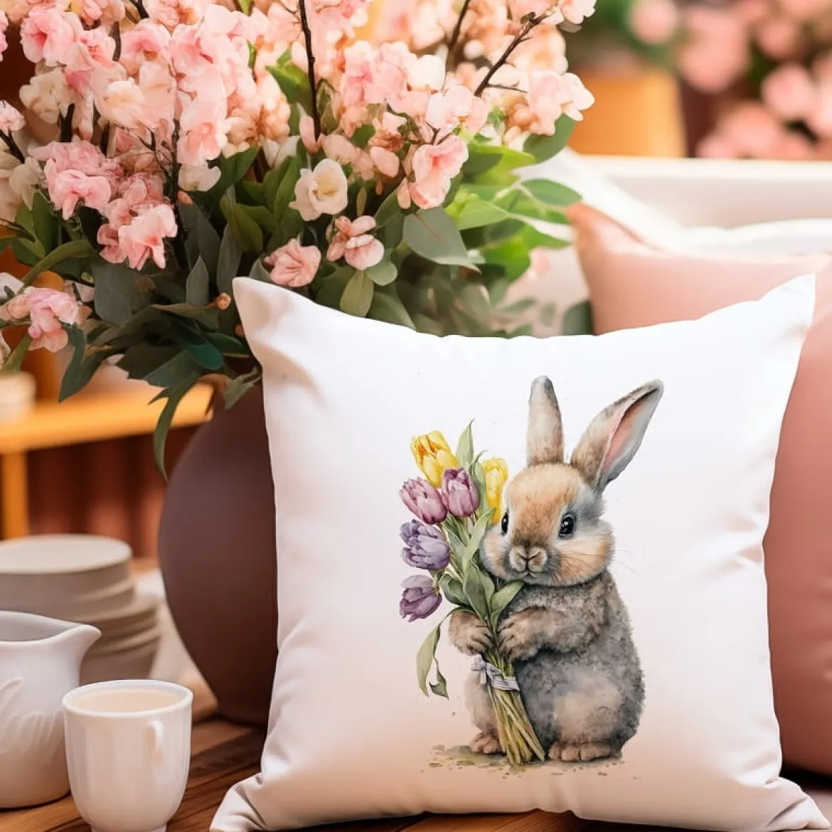 Poszewka Wiosenna 40x40 Królik z Tulipanami Velvet