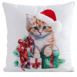 Poszewka świąteczna velvetowa 45x45 Kotek w Czapce Mikołaja