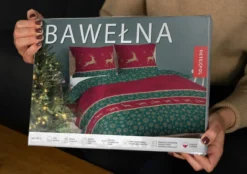 Świąteczna pościel bawełniana czerwono zielona 220x200 Złote Renifery