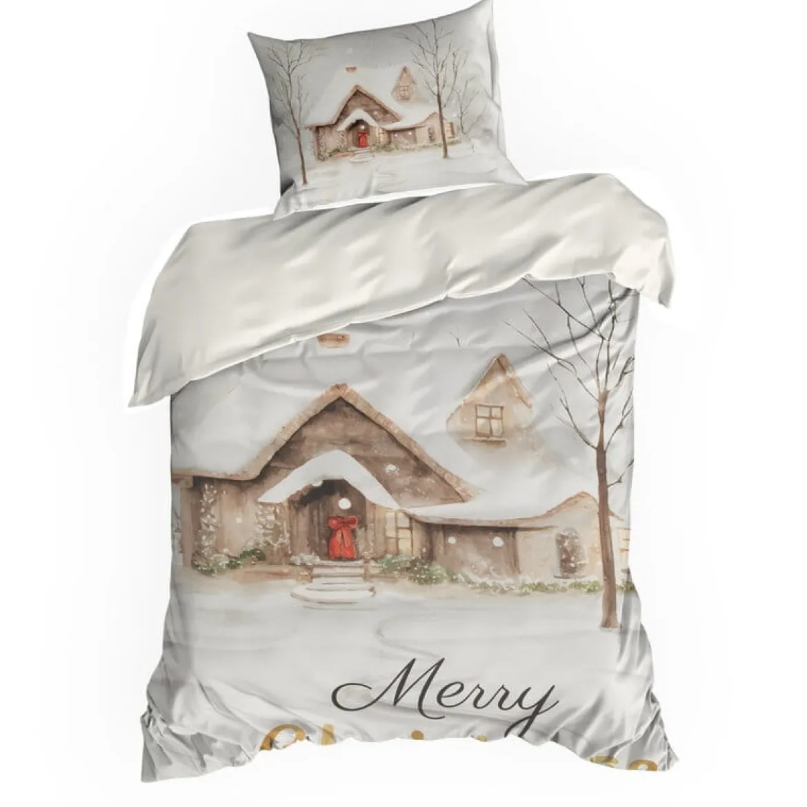 Świąteczna pościel z bawełny satynowej 140x200 Zimowa Chatka